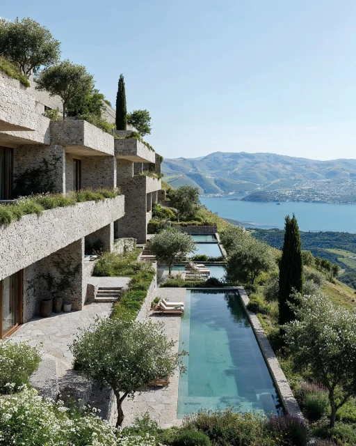 Exterior of a modern stone hotel complex featuring multiple levels with terraces, swimming pools, and a scenic backdrop of mountains and water.
