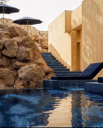 Outdoor hotel architecture featuring a swimming pool, stairs, rock formations, and shaded lounge area with umbrellas on a sunny day.