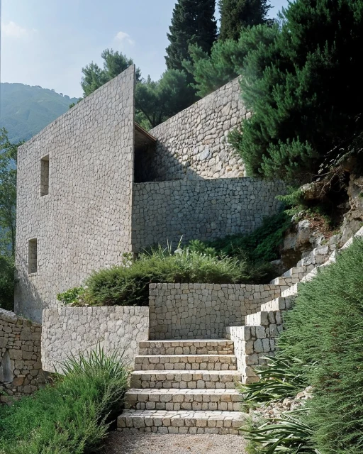 Exterior view of a stone house with multiple levels and stone stairs, surrounded by trees and greenery on a hillside.