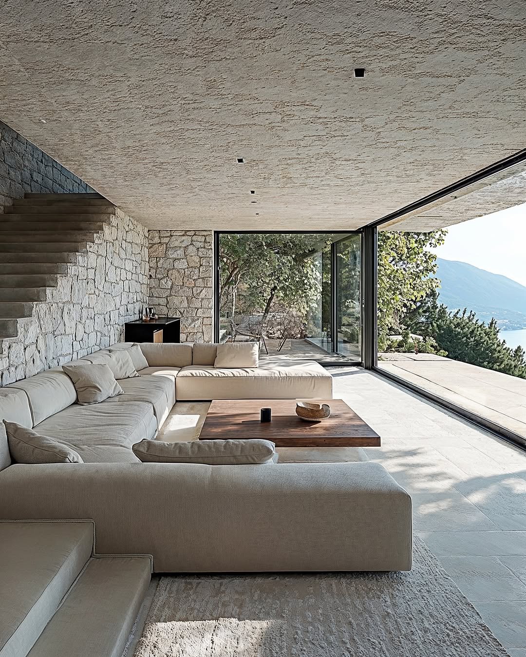 Living room interior with stone walls, a large sectional sofa, a wood coffee table, and floor-to-ceiling windows overlooking the outdoors.