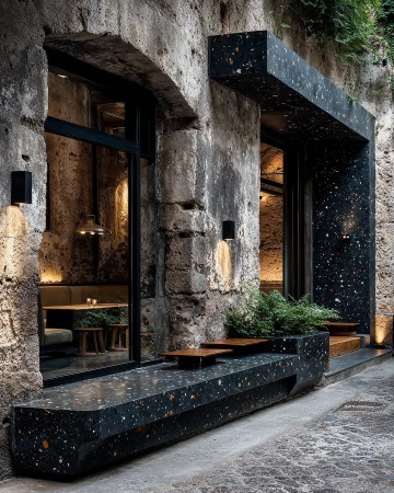 Exterior of a stone building with black terrazzo accents, including a bench, walls, and architectural features, showcasing modern design.