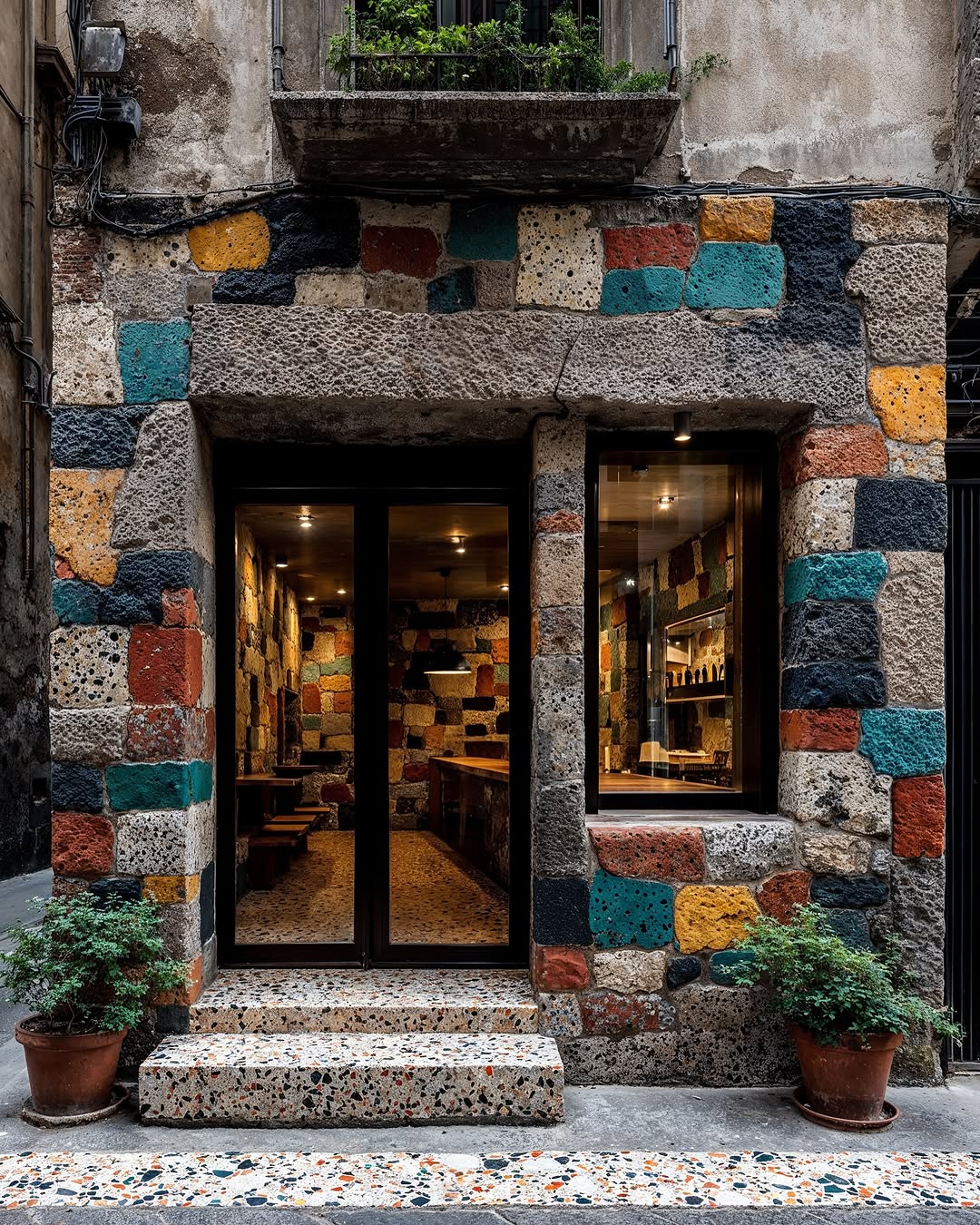 Exterior of a building with a colorful stone facade, a double-door entrance, and potted plants on the steps.