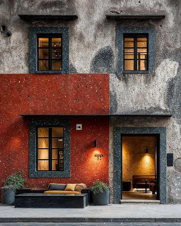 Exterior of a building with a terracotta and grey facade, three windows, and a seating area with cushions in front of the entrance.