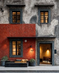 Exterior facade of a building with weathered textured concrete, red painted panels, black framed windows, and an open doorway.