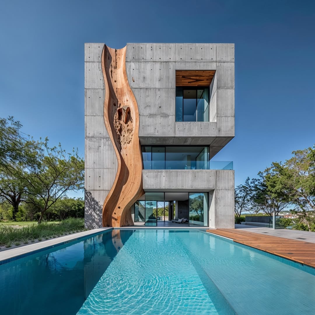 Modern three-story concrete home with glass windows, wood detailing, and a blue swimming pool in a green outdoor setting under a clear sky.