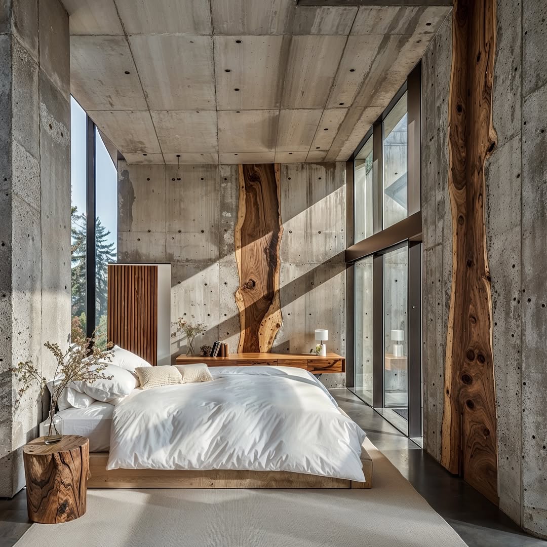 Modern bedroom interior featuring a bed with white linens, concrete walls, and wooden accents, creating a minimalist and cozy atmosphere.
