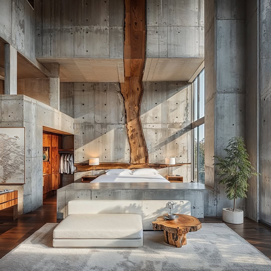 Modern bedroom featuring a minimalist design with concrete walls, wooden accents, a platform bed, and a neutral color palette, creating a serene space.