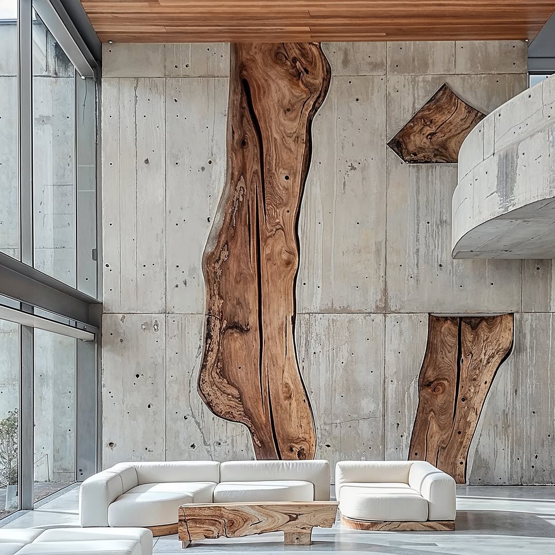 Modern interior with raw-edge wood insets in a concrete wall, complemented by minimalist white furniture, and natural light from large windows.