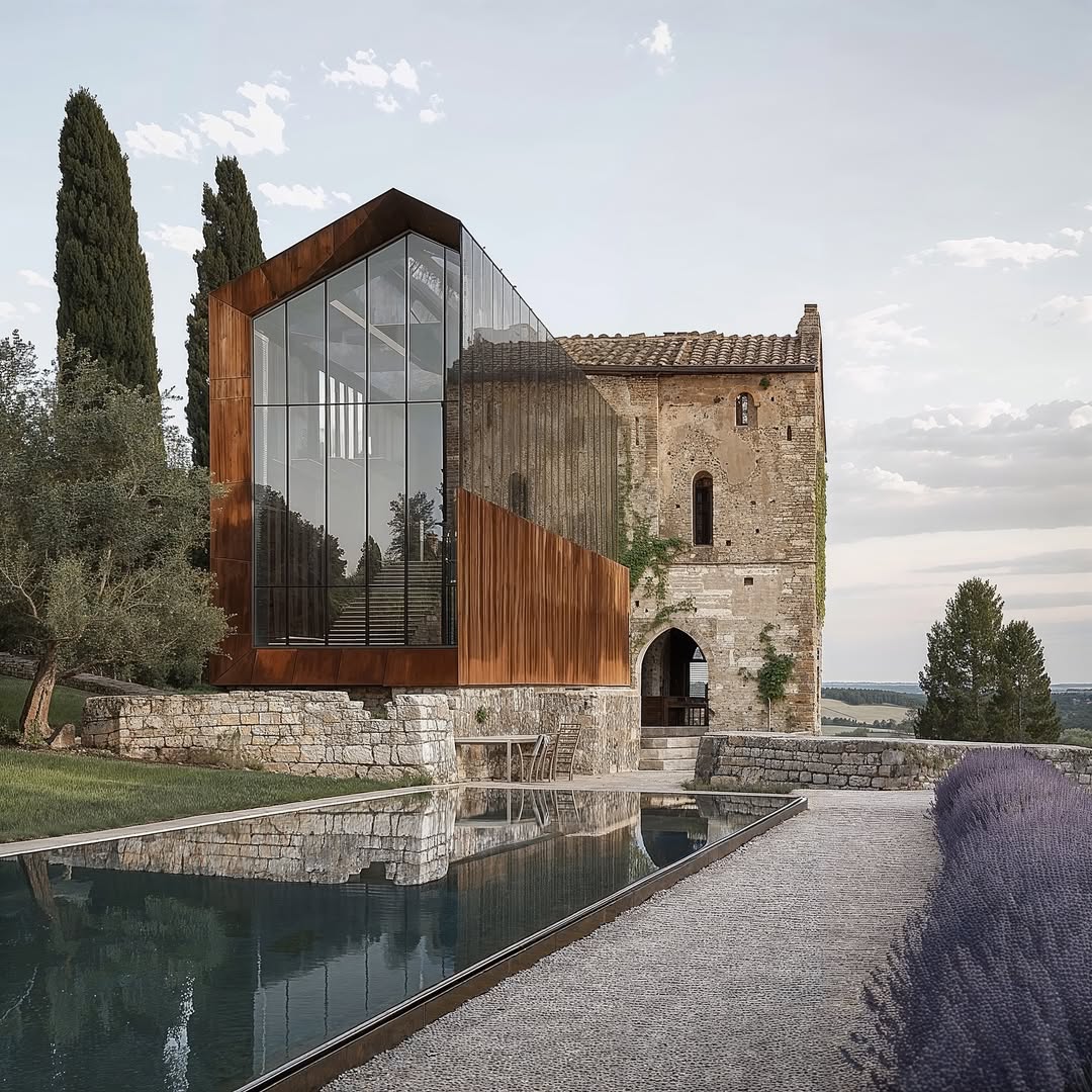 Modern architectural design featuring a metal and glass addition connected to an old stone building beside a reflecting pool.
