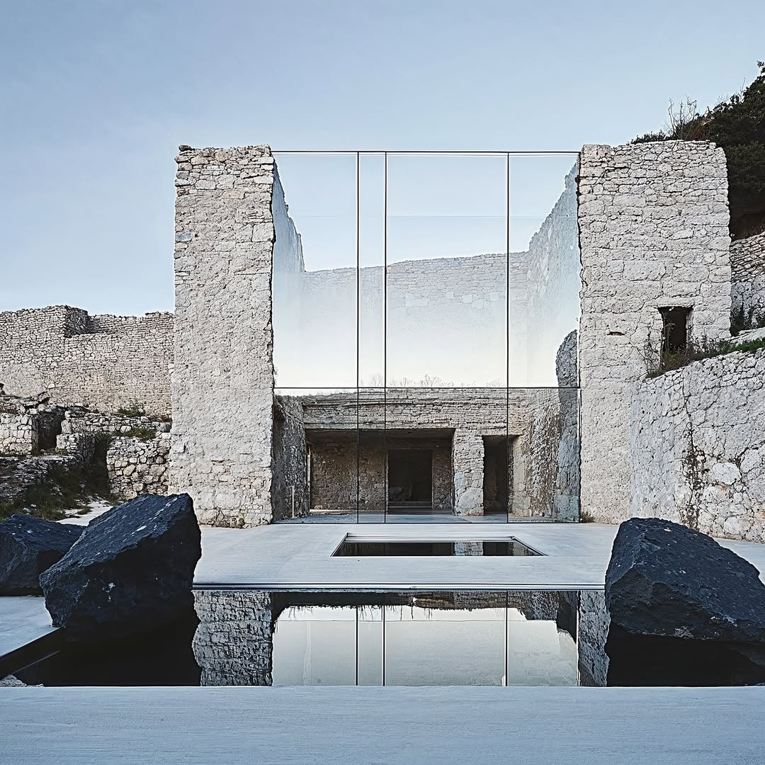 Stone building with reflective windows and water feature. Architecture showcases light stone, water reflection, and modern design elements.