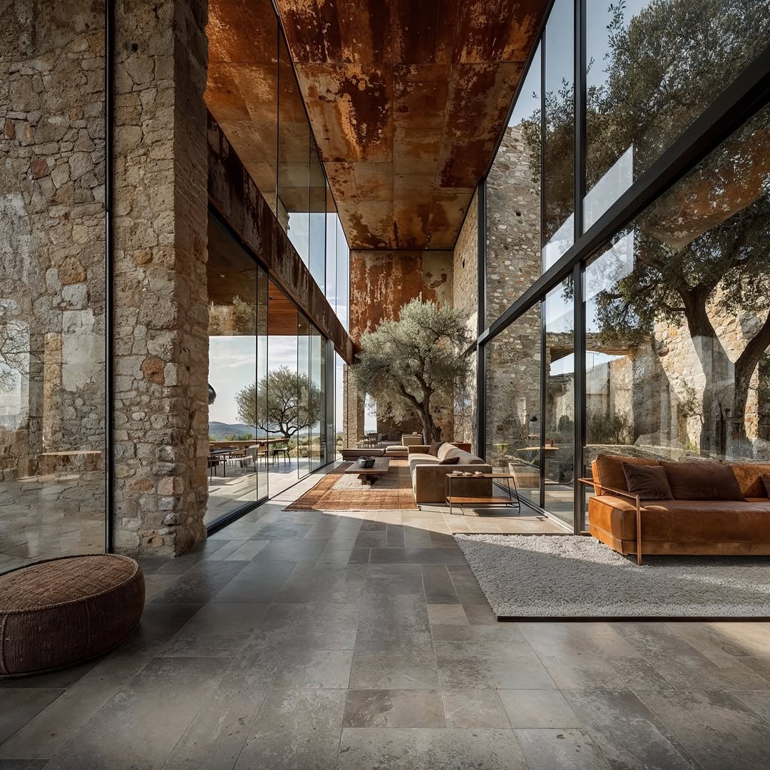 Modern home interior featuring a stone and glass construction, neutral color palette, and minimalist furniture in a spacious living area.