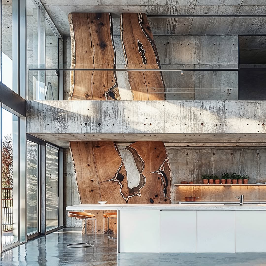 Modern architectural interior with concrete walls and wood panels, featuring an open kitchen with counter seating and natural light.