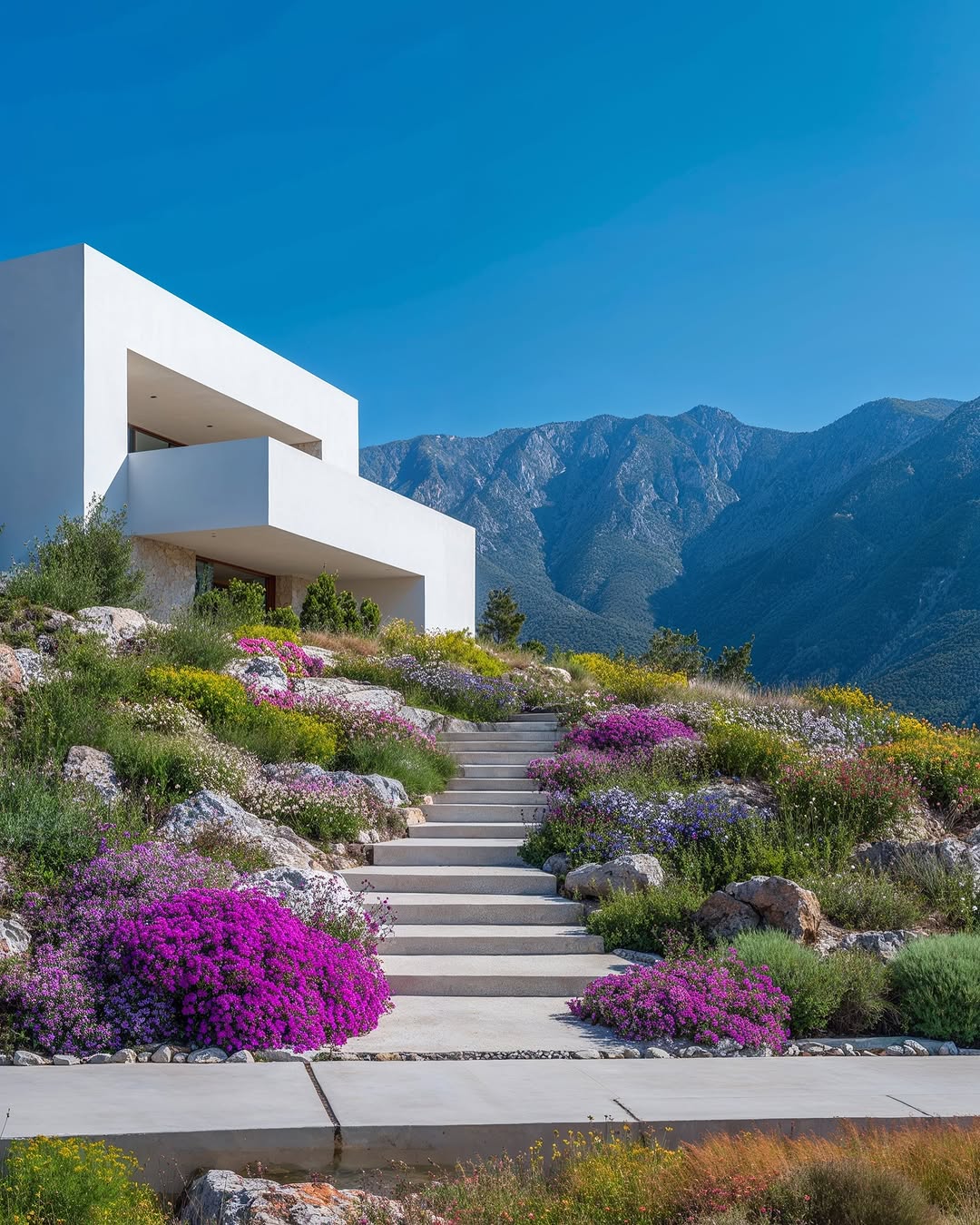 Modern white house with stairs leading up a hillside of colorful wildflowers and green vegetation against a mountain backdrop.