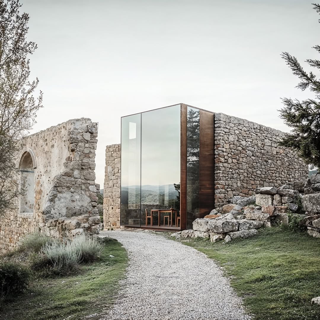 Exterior view of a modern glass-walled structure attached to an old stone ruin, with a gravel path leading to the architecture.