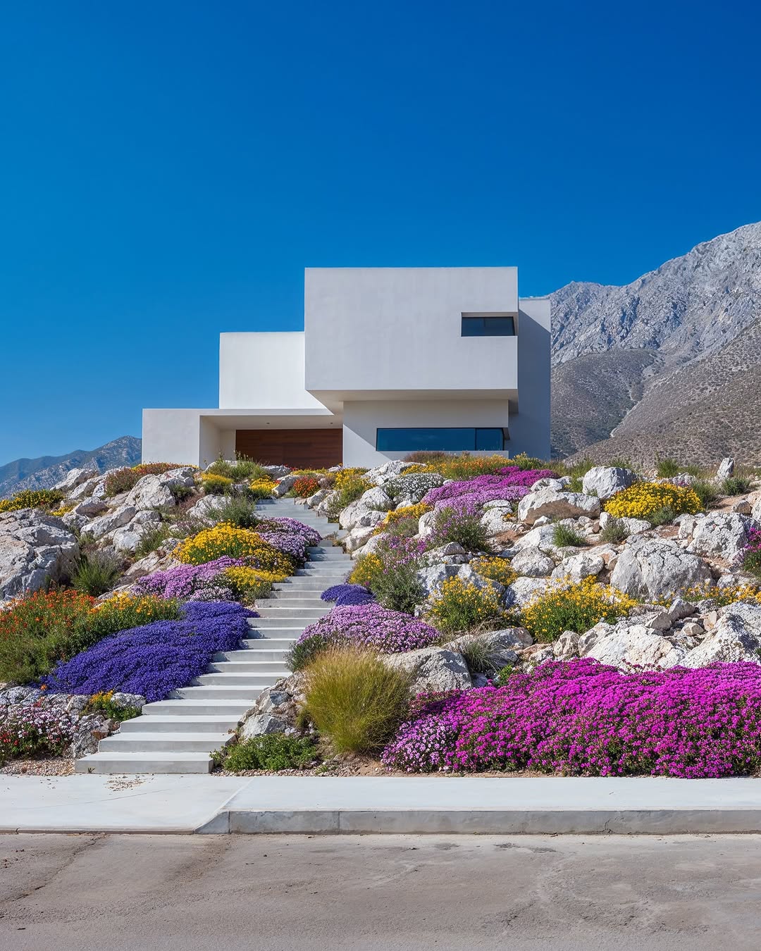 Modern white home exterior with stairs and colorful flowers on a rocky hill set against a clear blue sky and mountains in the background.