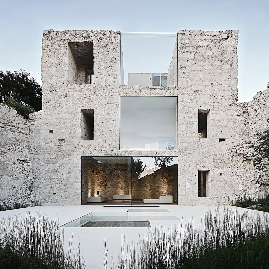 Exterior of a renovated stone building with modern glass windows and white floors, set against a clear sky and sparse vegetation.