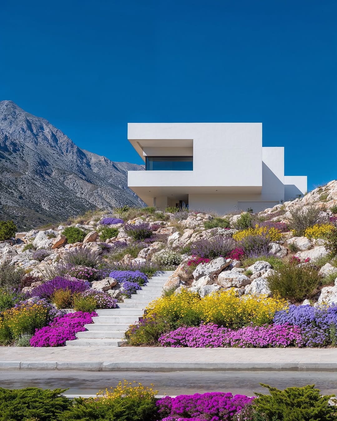 Modern white house on rocky hillside covered in colorful flowers, with a mountain in the background under a clear blue sky.