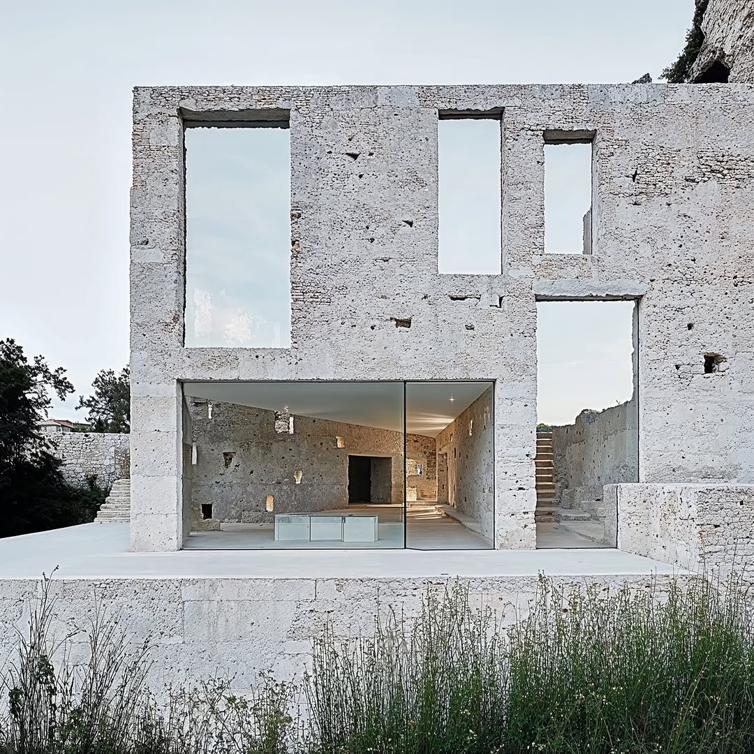 Exterior view of a modern stone building with framed openings and glass walls, showcasing minimalist architectural design and natural light.