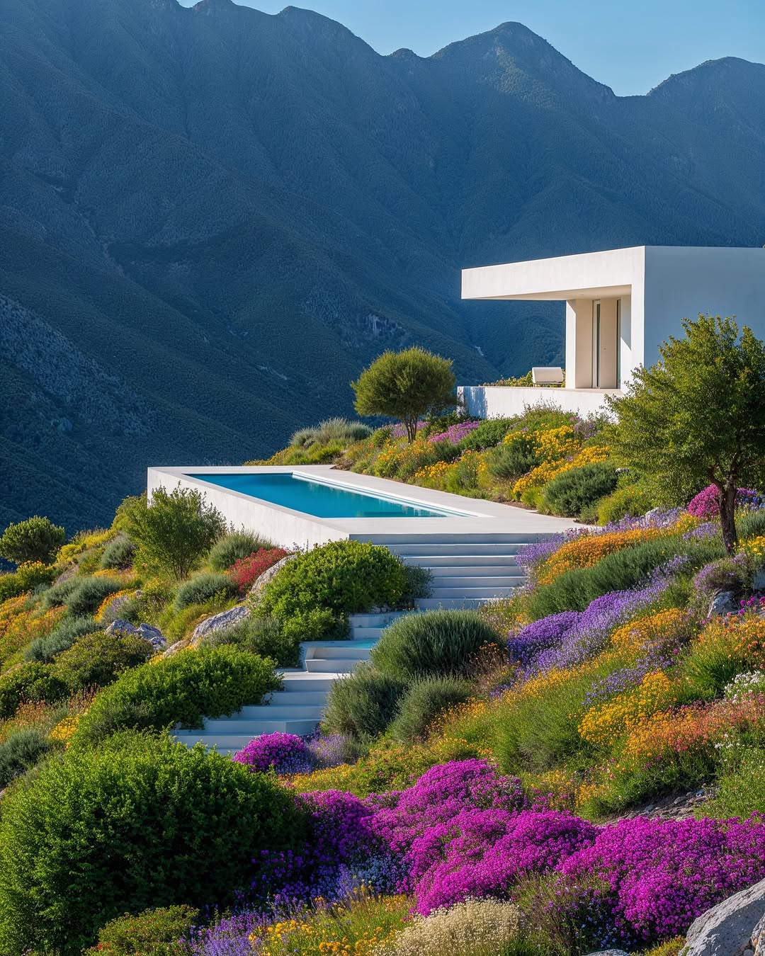 Modern white house with infinity pool overlooking a vibrant hillside of wildflowers, set against a backdrop of mountainous landscape under clear blue sky.