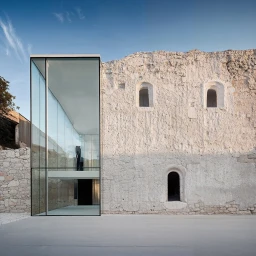 Modern glass extension attached to a weathered, textured stone wall with arched window openings under a clear blue sky