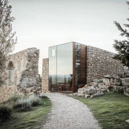 Modern glass and wood pavilion built into rustic stone ruin walls along a gravel path