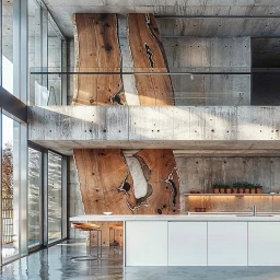 Modern interior featuring massive live-edge wooden slabs integrated into board-formed concrete walls and a large kitchen island.