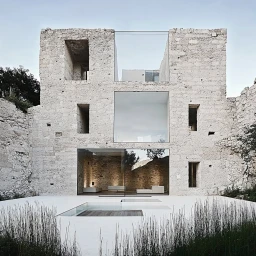 Architectural view of a modern stone building facade with large glass windows built into ancient ruins by Matitectura.