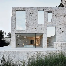 Architectural exterior of a weathered stone building with large glass windows and openings, created by Matitectura.