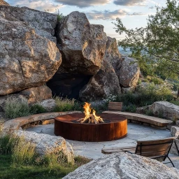 Round rust-metal fire pit burning logs surrounded by wooden benches set against large rocky outcroppings.