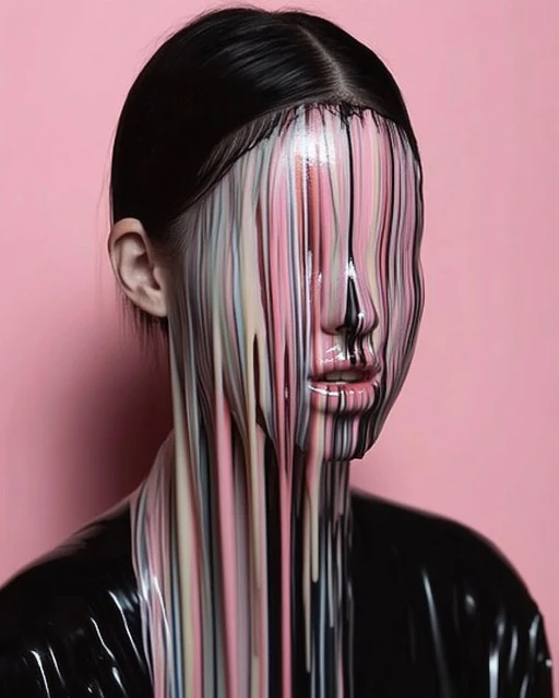 Woman with multicolored paint cascading down her face, glossy black clothing, and a solid pink background in a beauty-focused portrait.