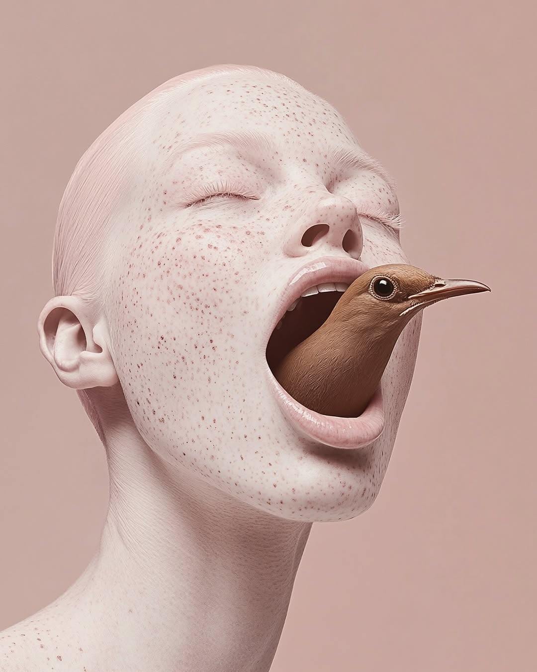 Artistic portrait of a fair-skinned person with closed eyes and freckles, face to the side with a brown bird in their mouth.