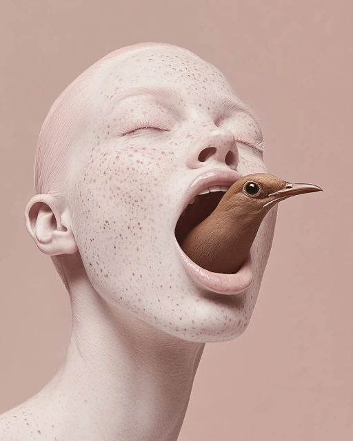 Artistic portrait of a fair-skinned person with closed eyes and freckles, face to the side with a brown bird in their mouth.
