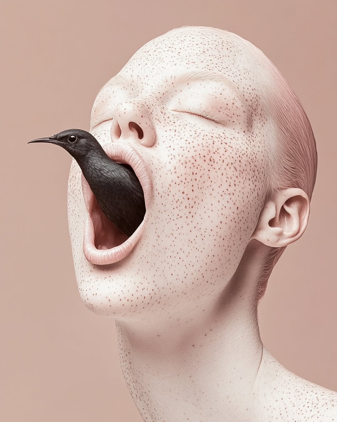 Unique beauty image of a fair-skinned woman with freckles and closed eyes with a black bird coming out of her open mouth on beige background.