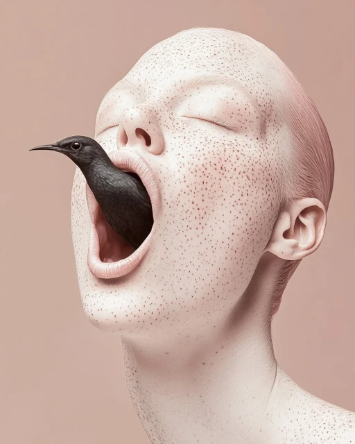 Unique beauty image of a fair-skinned woman with freckles and closed eyes with a black bird coming out of her open mouth on beige background.
