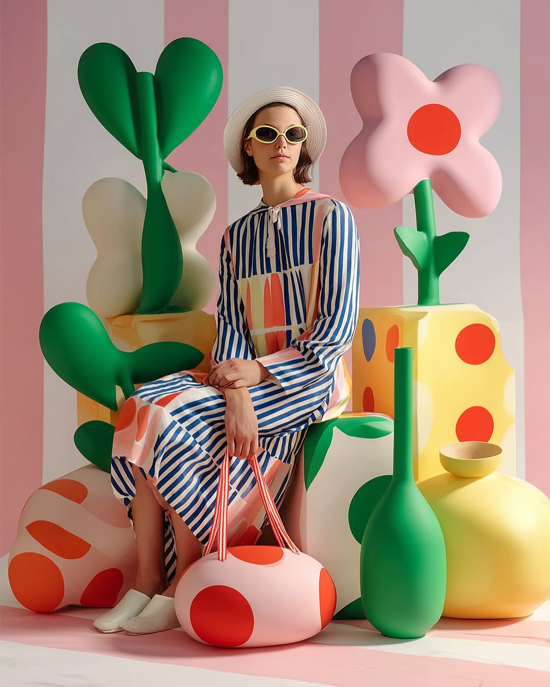 A young woman in a striped dress sits surrounded by colorful, whimsical, cartoonish props against a striped pink and white backdrop.