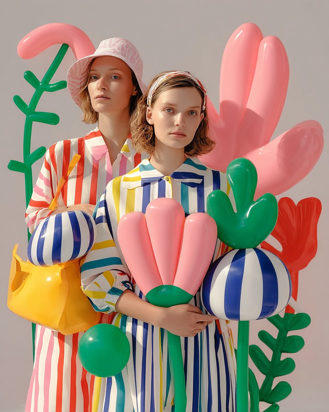Two young women wearing striped dresses and hats pose with colorful, balloon-like flower props against a light grey background.