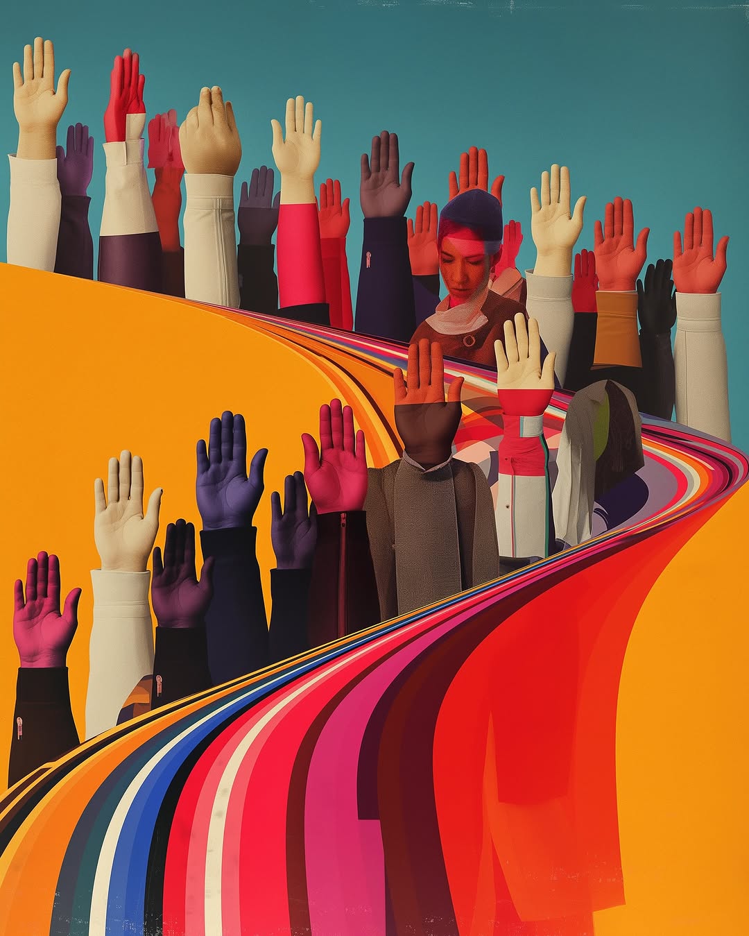 Retro-style collage with a woman and many colorful raised hands against a blue background, creating a vibrant, eye-catching visual.