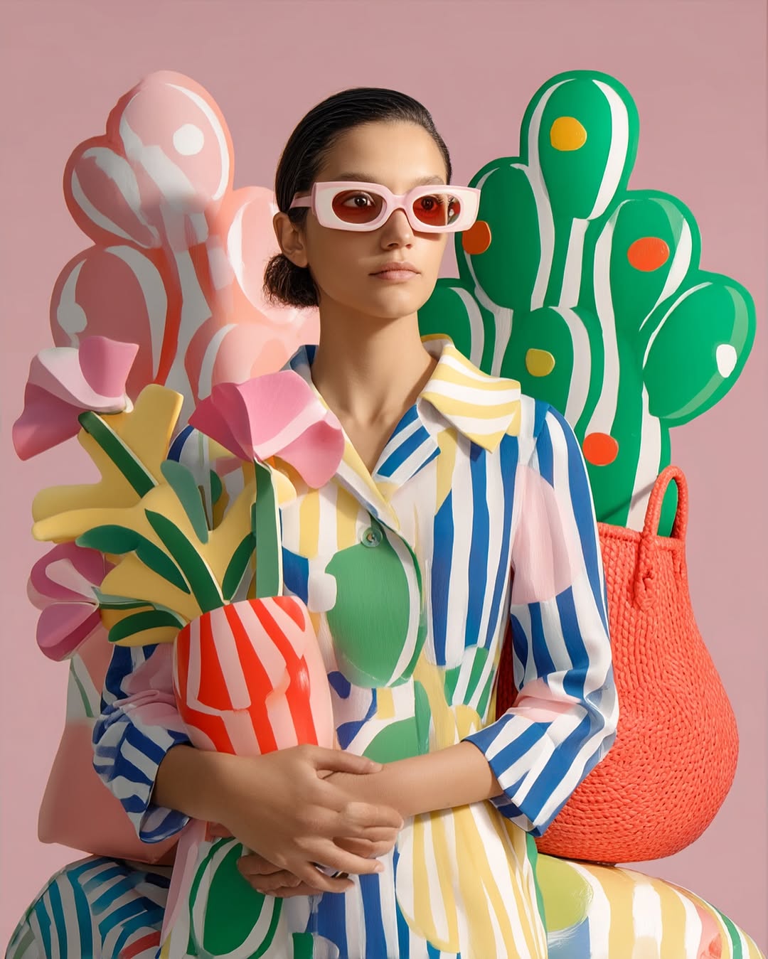 Portrait of a stylish young woman with pink sunglasses wearing a colorful dress, surrounded by decorative objects in a studio setting.