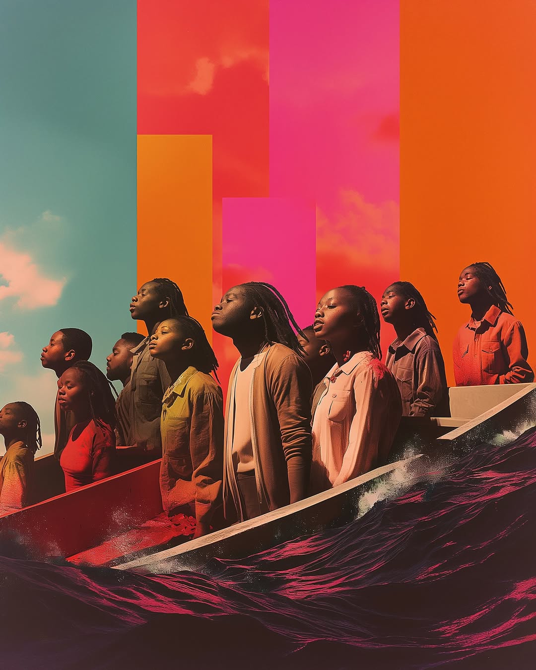 Artwork featuring a group of African descent children on a boat, gazing upwards against a vibrant backdrop with an ocean wave foreground.