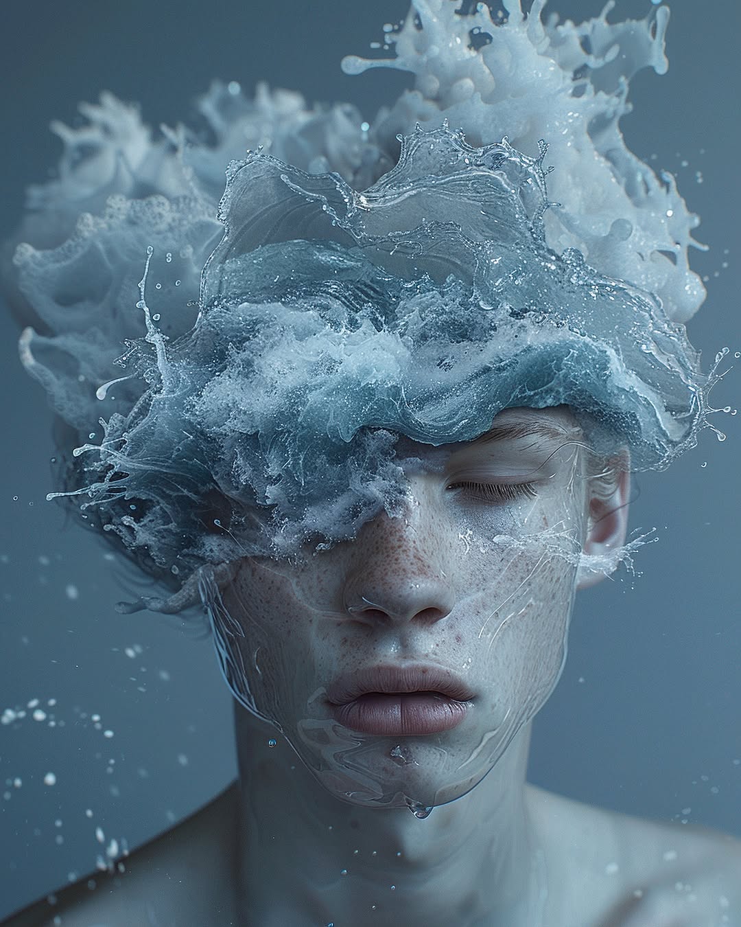 Artistic portrait of a red-haired person with eyes closed, water cascading over their head against a muted blue background in studio lighting.