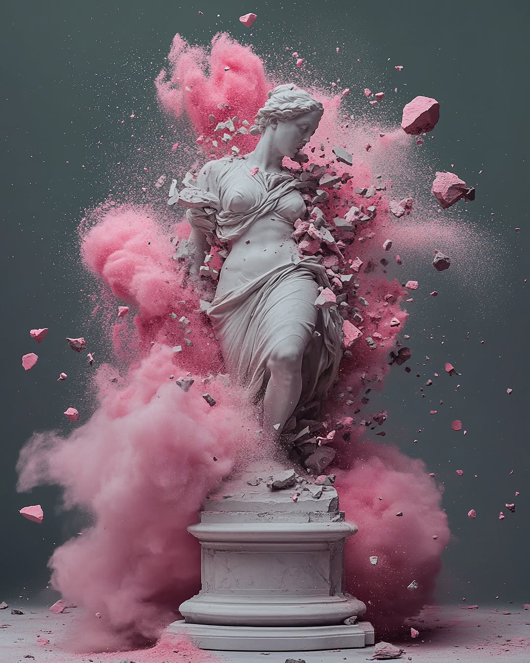 Artistic studio image features a grey sculpture of woman on pedestal amid exploding pink powder against a matching dark grey background.