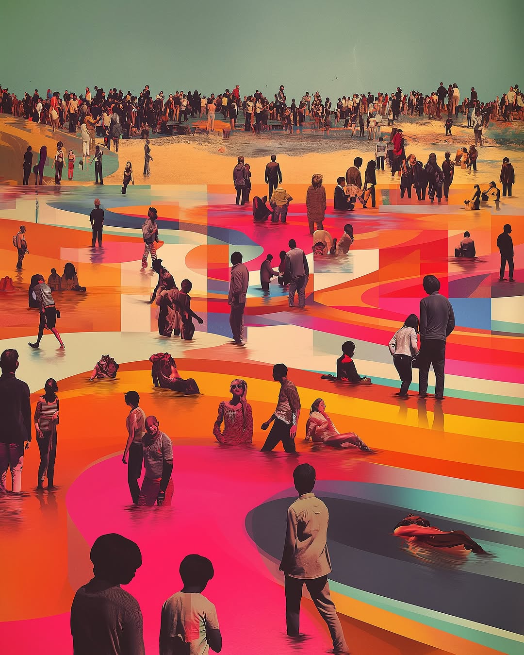 Vibrant illustration showing a crowded beach scene with abstract, colorful waves and numerous figures enjoying the waterside setting.