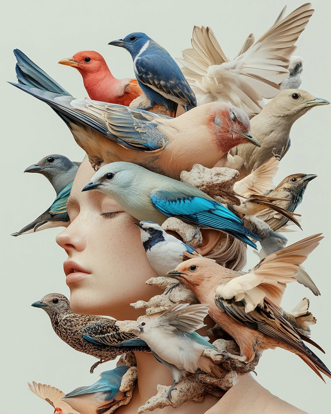 Surreal portrait of a woman's face blending with a collection of colorful birds, showcasing intricate details and artistic composition.
