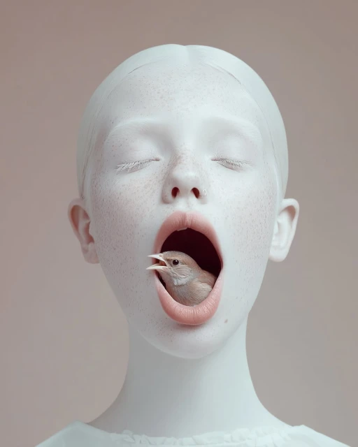 Surreal image of a woman with painted white skin and a bird inside her mouth. Conceptual art portrait with soft lighting.
