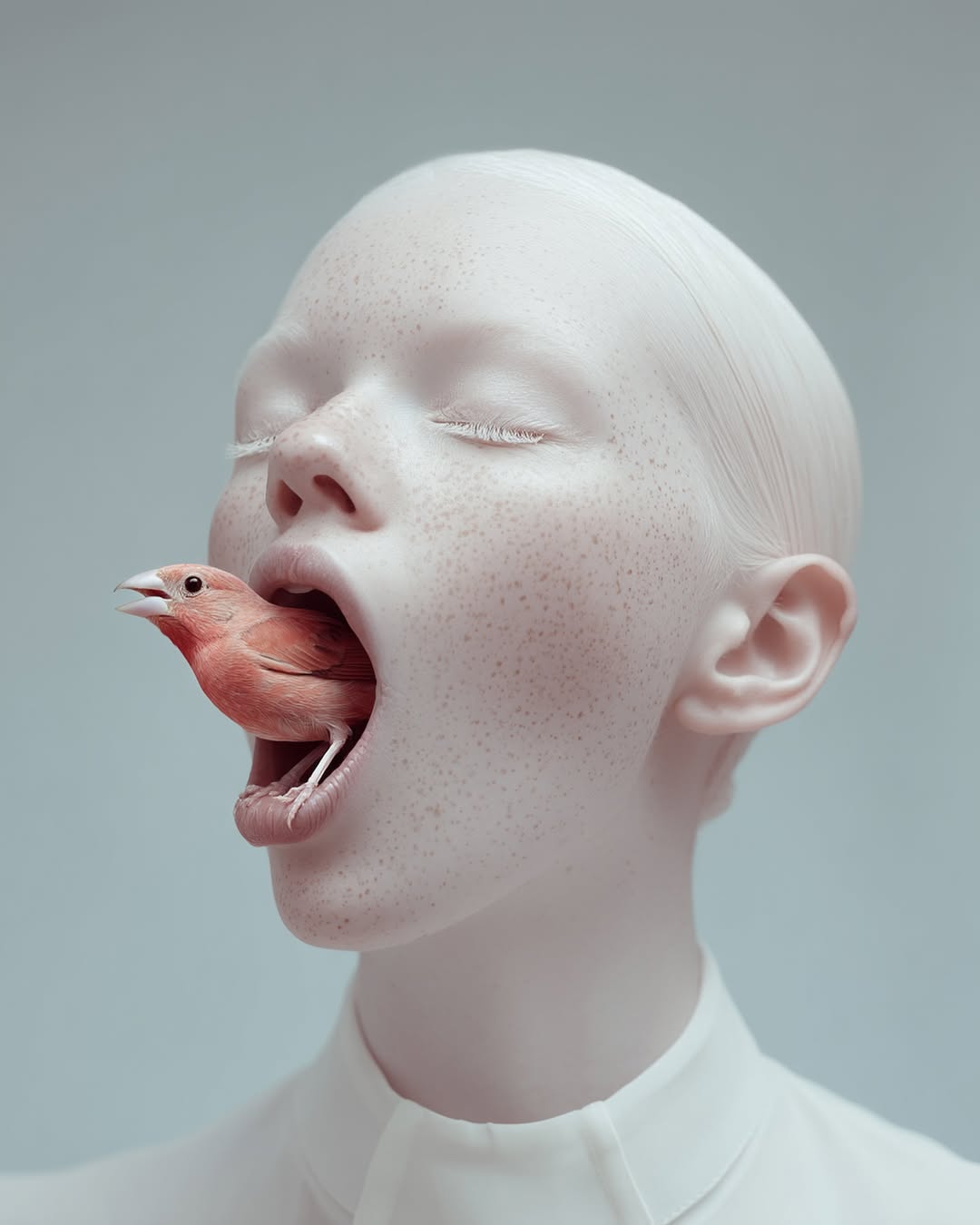 Portrait of a fair-skinned person with closed eyes, with a red bird inside their open mouth, against a light grey background.