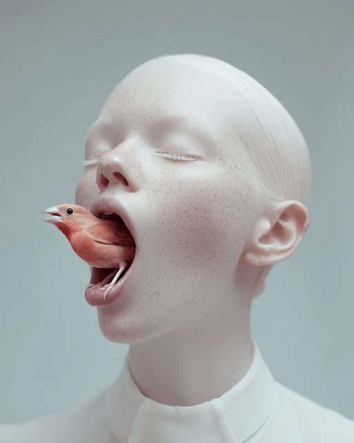 Portrait of a fair-skinned person with closed eyes, with a red bird inside their open mouth, against a light grey background.