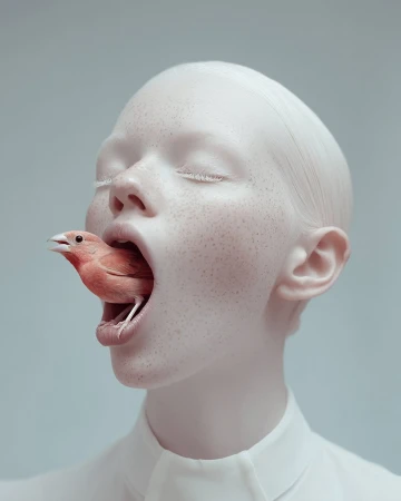 Portrait of a fair-skinned person with closed eyes, with a red bird inside their open mouth, against a light grey background.