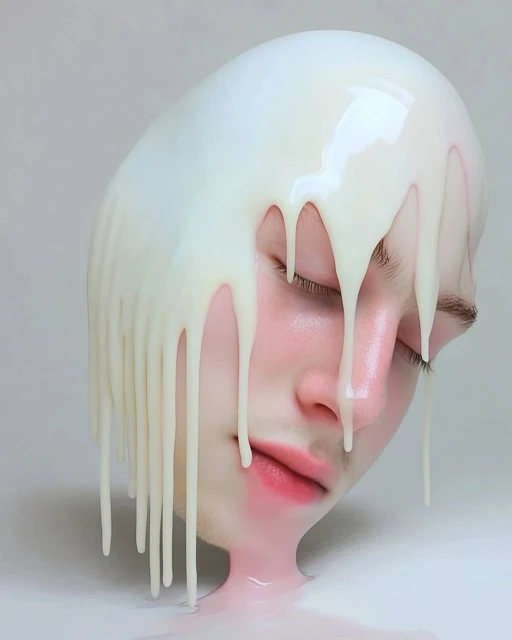 Artistic portrait of a person with closed eyes covered in white liquid against a light background, featuring a blend of textures and colours.