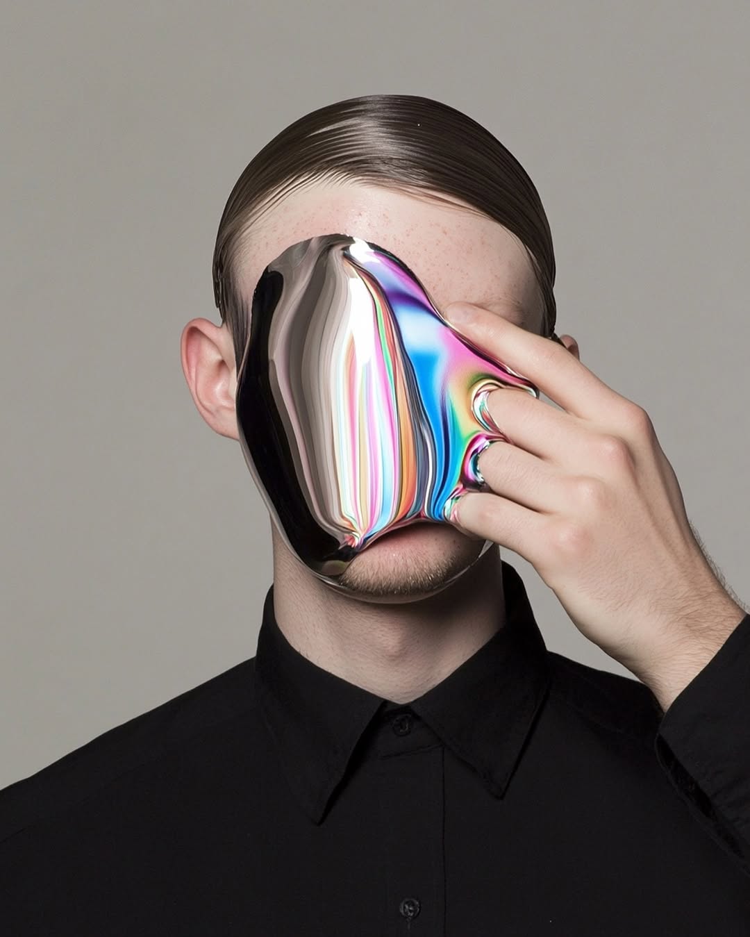 Artistic portrait of a person with slicked-back hair, face partially covered by a holographic, fluid-like mirror that reflects light.