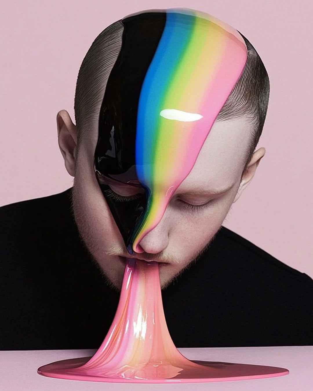 Man with black and rainbow paint flowing down face and from his mouth in a studio shot with a pink background and tabletop.
